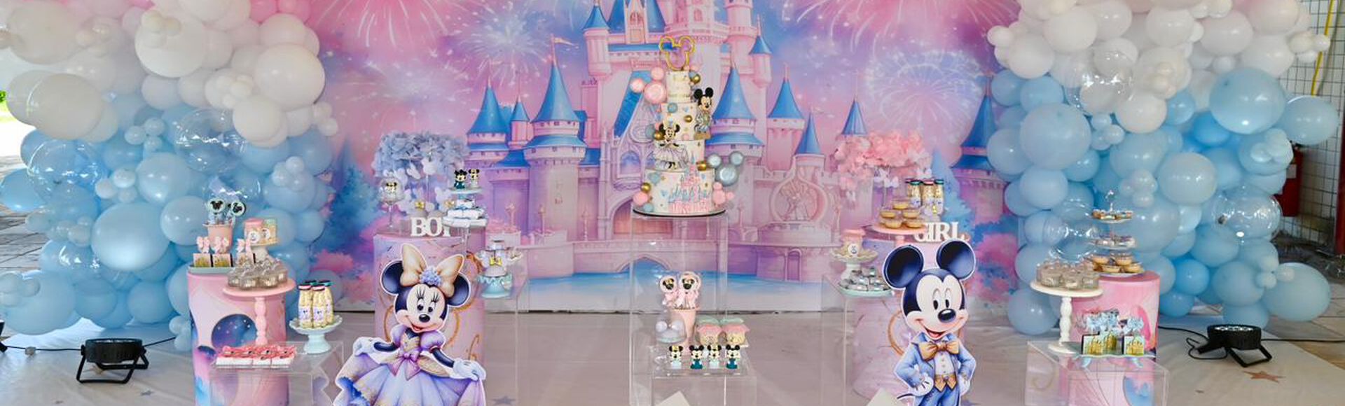 Decoração de chá revelação nas cores azul e rosa bebê e tema Disney