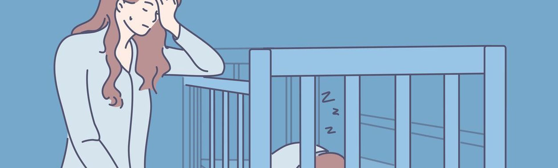 Ilustração de mãe com aspecto cansado zelando sono do filho bebê
