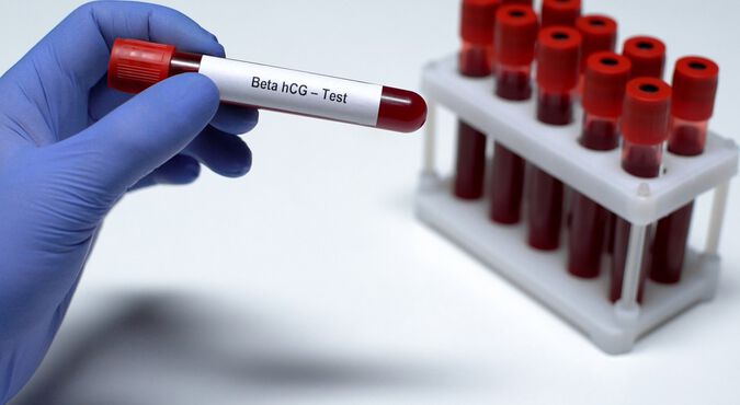 Mão com luva segurando um tubo de ensaio de exame Beta hCG