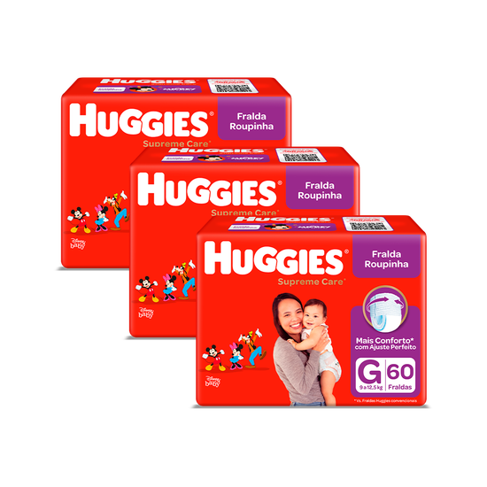 Kit Fraldas Huggies Supreme Care Roupinha G – 3 pacotes 180 fraldas