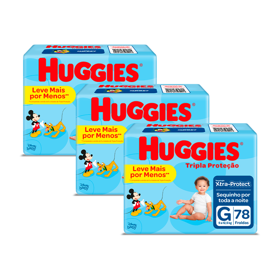 Kit 3 Fraldas Huggies Tripla Proteção G - 78 fraldas