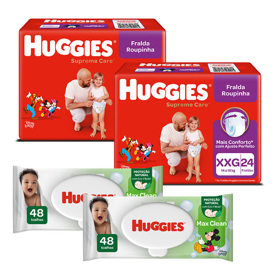 Kit Fralda Huggies Roupinha XXG com Lenço Umedecido