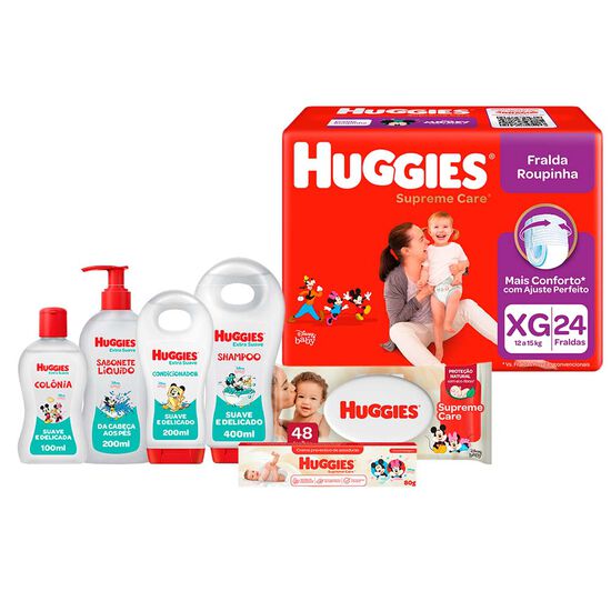 Kit Linha Completa Produtos Huggies Fralda Supreme Care Roupinha