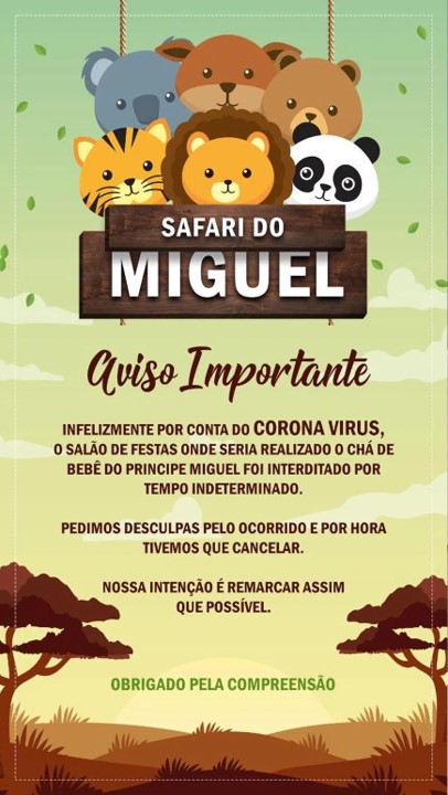 Chá de bebê - Safaria do Miguel adiado devido a pandemia do COVID-19