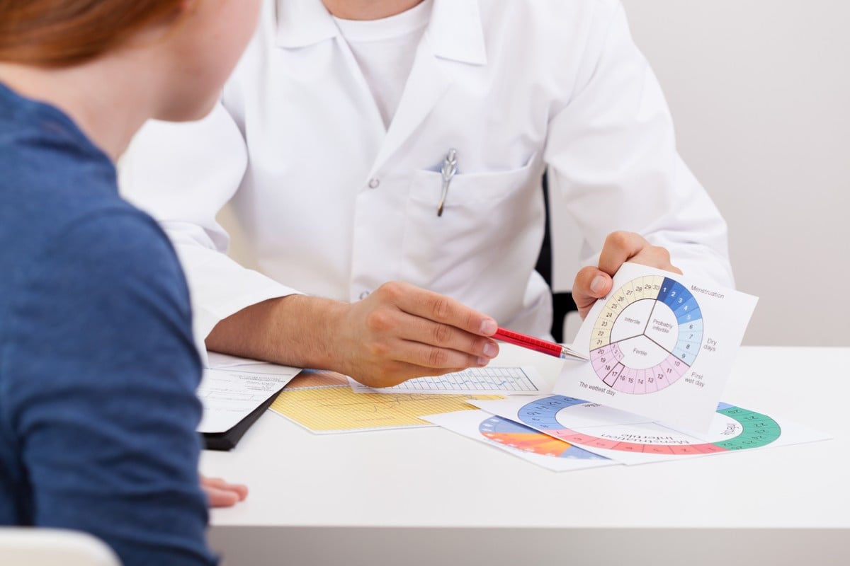 Profissional de saúde mostrando calendário de ciclo menstrual para paciente