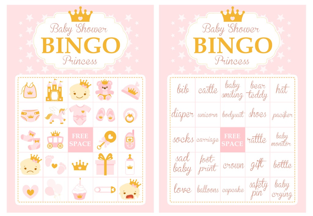 Cartela para bingo de chá de bebê cor-de-rosa com tema princesa